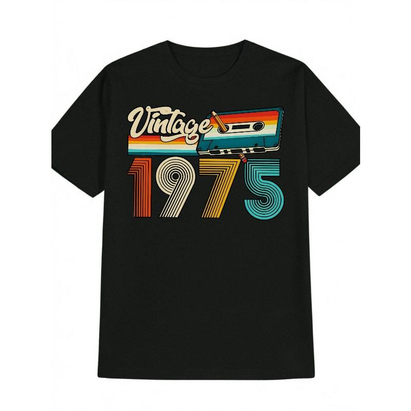 

European sizes Men S Casual Round Neck T-Shirt with a Vintage 1975 Print Pattern, Retro Style Print Short Sleeve Top 4XL чорний