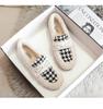 Winter Women Shoes Short Boots Houndstooth Casual Boat Bootie Ladies Plush Slip-on Loafers