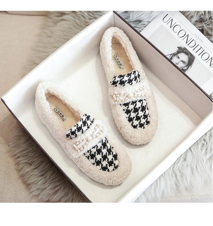 Winter Women Shoes Short Boots Houndstooth Casual Boat Bootie Ladies Plush Slip-on Loafers