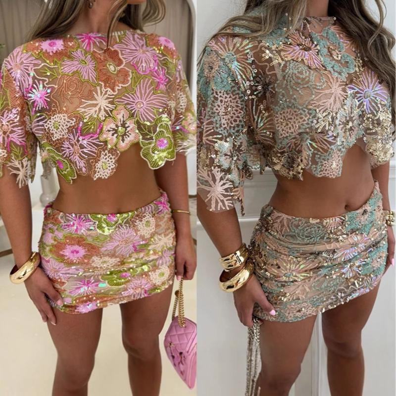 Women O-neck Short Sleeved Top+Mini Skirt Slim Suit Elegant High Waist Summer Outfit Embroidered Sequins Sexy Club Party 2pc Set