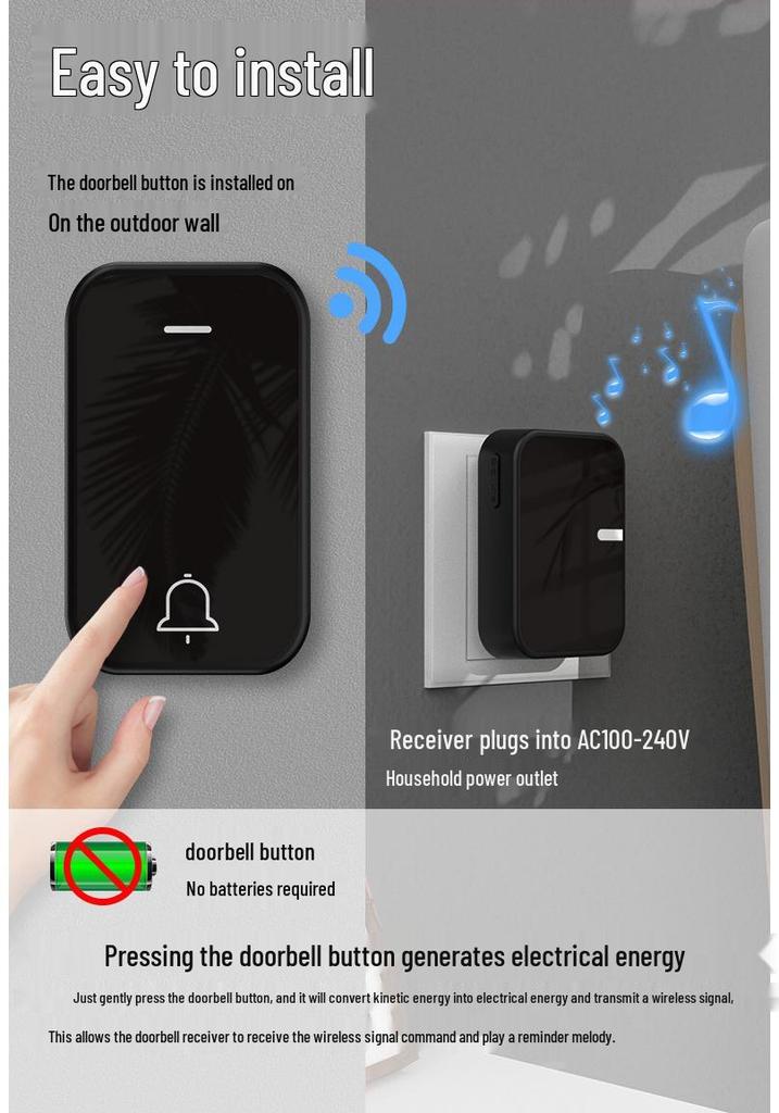 Wireless Battery-Free Waterproof Long-Distance Ding Dong Doorbell with Self-Powered 433 MHz Technology