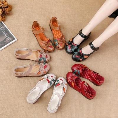 Summer Genuine Leather Cow Tendon Sole Mother Shoes Flat Sandals Holes Old Anti-slip Soft Sole Soft Face National Style