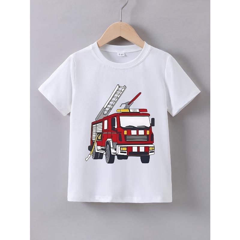 European sizes Fire Truck Firefighter Print T-Shirt - Firefighter Ladder & Fire Hydrant Design, Short Sleeve Round Neck Summer Playwear 110 белый