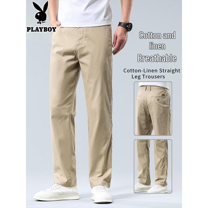 PLAYBOY Men s Ice Silk Linen Blend Loose Straight Casual Pants 32