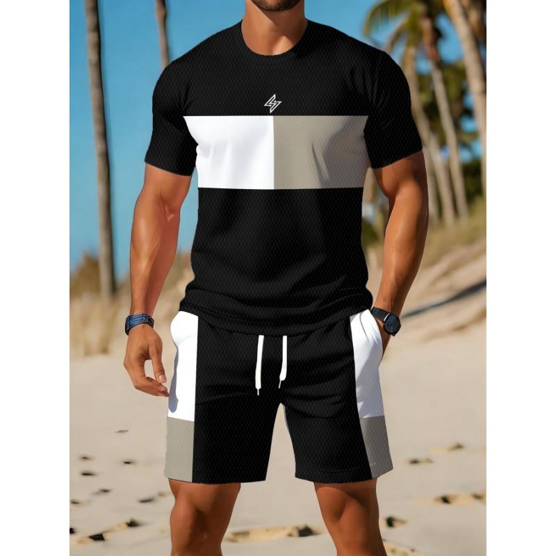 Men's Casual Sportswear Set, Breathable Outdoor Leisure Round Neck T-Shirt and Shorts Set, Summer Digital Print Set for Adults