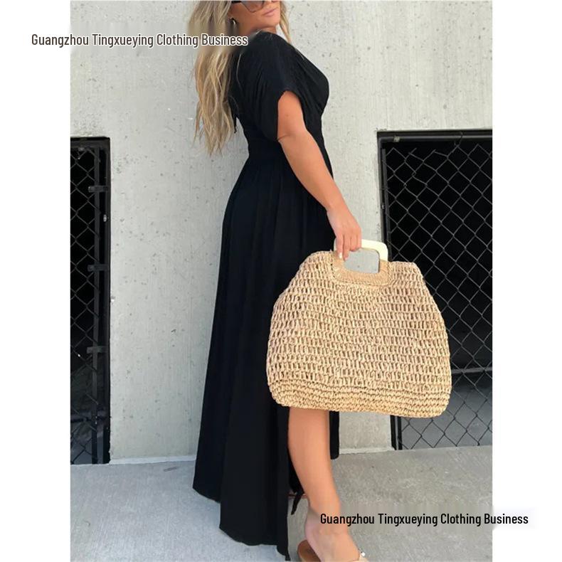 Summer V-neck Batwing Sleeve Elastic Waist Split Long Dress