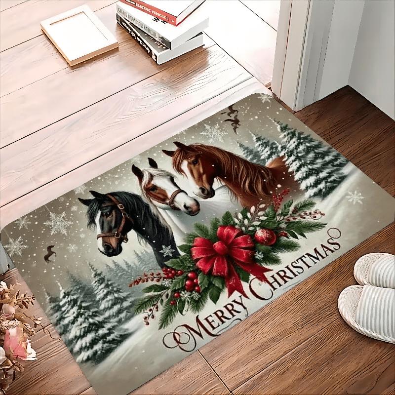 1Pcs Anti Fatigue Kitchen Rugs, Christmas Horse Print Waterproof Non-Slip Thick Cushioned Kitchen Mat Heavy Duty Comfort Standing Mat for Kitchen
