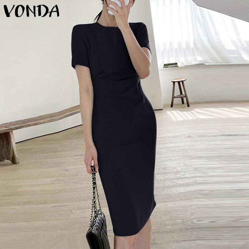 

Женские элегантные платья VONDA с ​​круглым вырезом и короткими рукавами, прямые плиссированные однотонные платья с талией 5XL коричневый