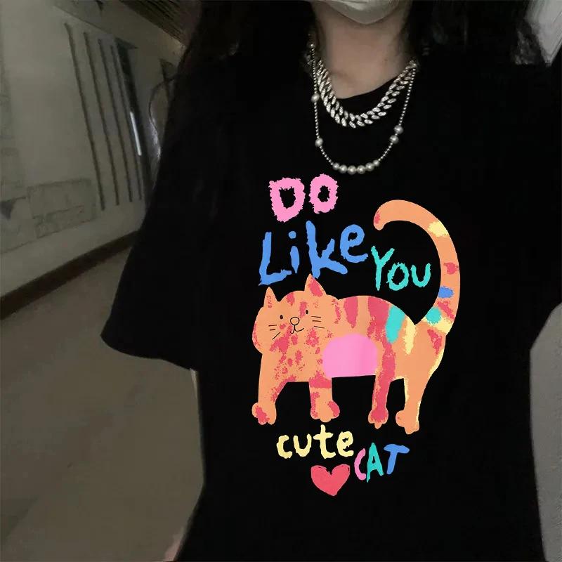 Y2k Tops Women Clothing T-shirt Women Kawaii Summer New Loose Solid Tees Cute Cat Casual Loose Female Oversized O Neck Tshirt