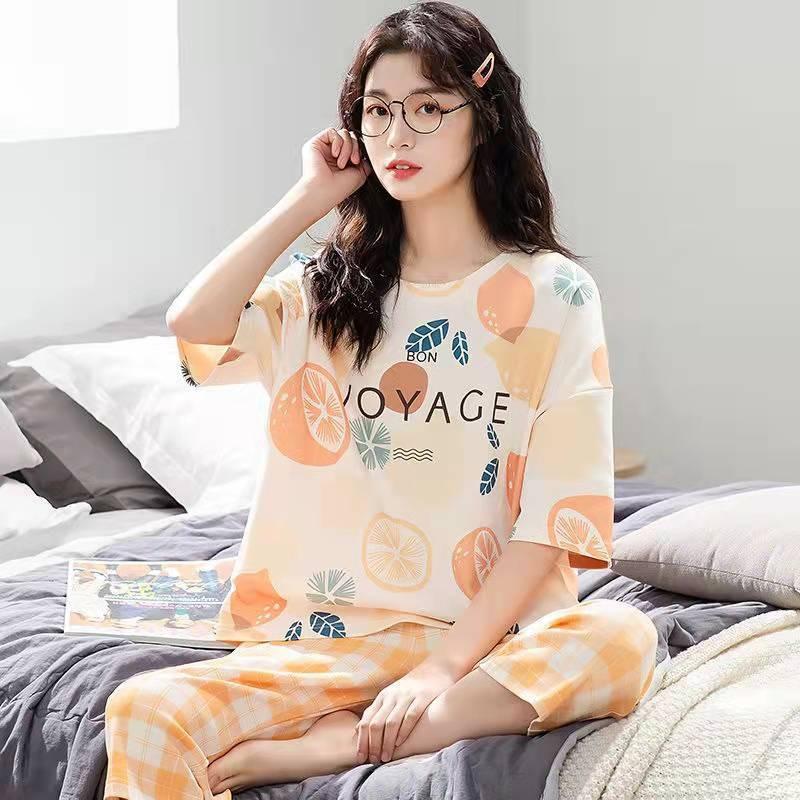 Damen Nachtwäsche Halbarm Siebenviertel Hose Studenten Nachtwäsche Hausanzug Set Rundhals Cartoon Damen Pyjama Loungewear