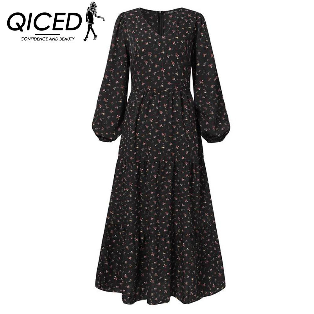 QICED Women's Ruffled Mini Floral Maxi Dress Long Sleeve V-Neck Casual Dresses