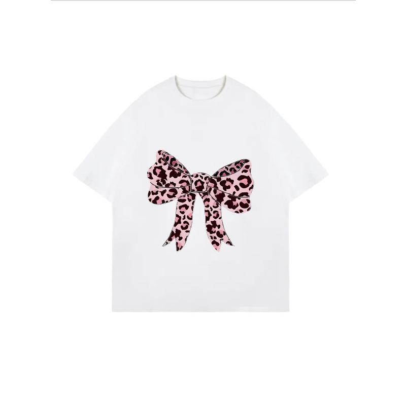 Oversized T-Shirt with Pink Leopard-Print Bow Print – Sweet-Edgy Color-Block Girly Top