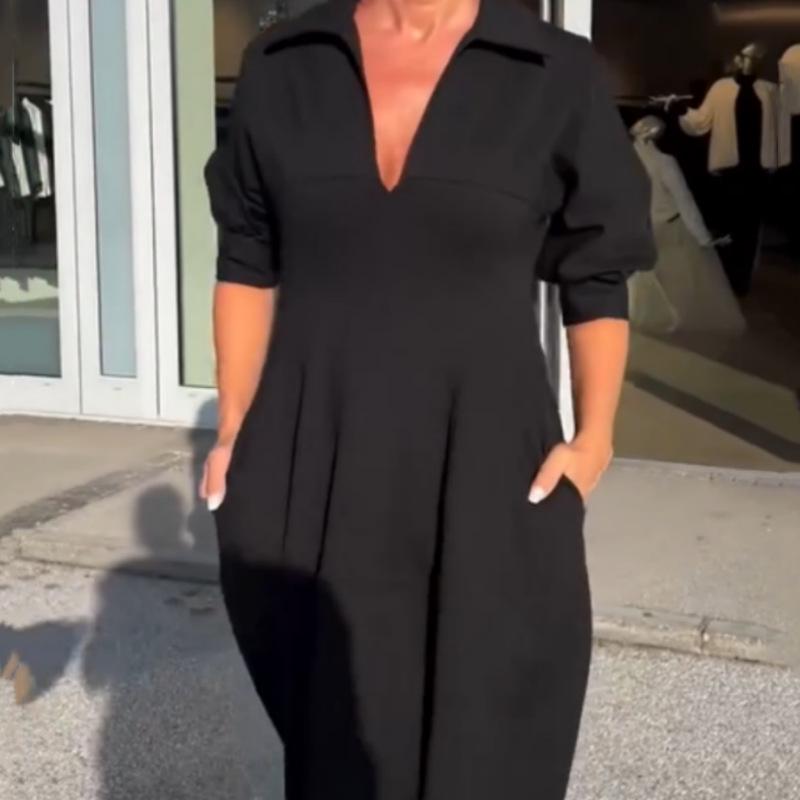 

Ретро платье с V-образным вырезом, высокой талией и средней длиной для женщин XXL чёрный