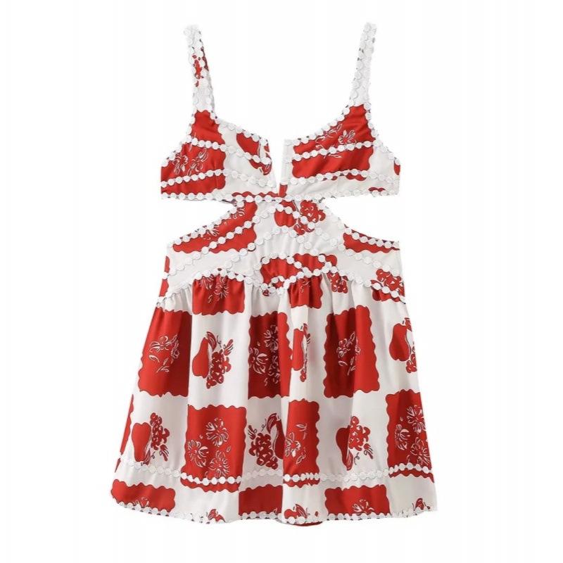 Robe à bretelles fines imprimée pour femme - Mode Vacances Début de Printemps, Détail en Dentelle