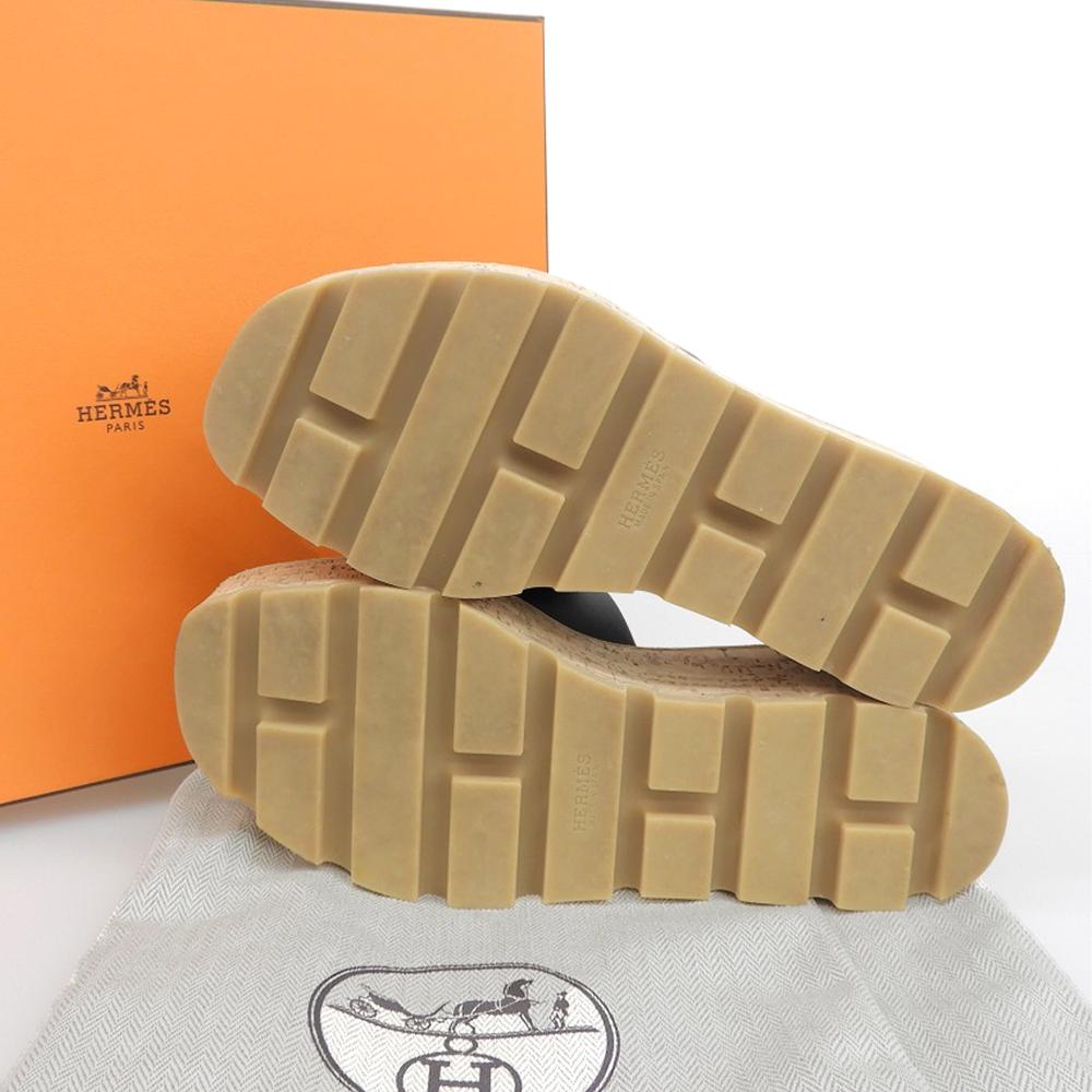 HERMES Excellent condition Eze 30 H cork wedge sandals, women's leather, black, size 34 shoes 34 blackUsed