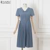ZANZEA Women Summer Casual V-Neck Short Sleeve Pleated Dress