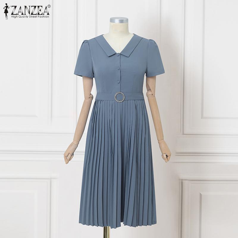 ZANZEA Women Summer Casual V-Neck Short Sleeve Pleated Dress