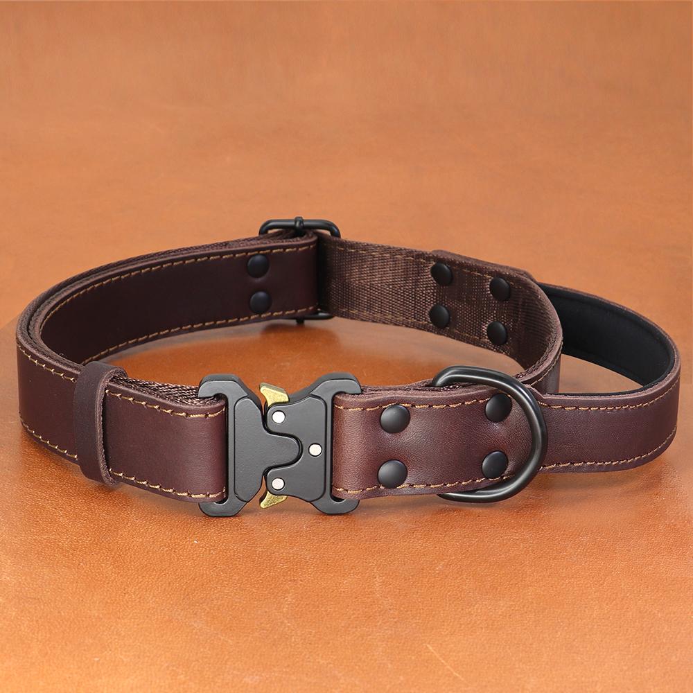 Soft Real Leather Dog Collar Genuine Leather Durable Collars with Safe Buckle Handle for Medium Large Dogs German shepherd