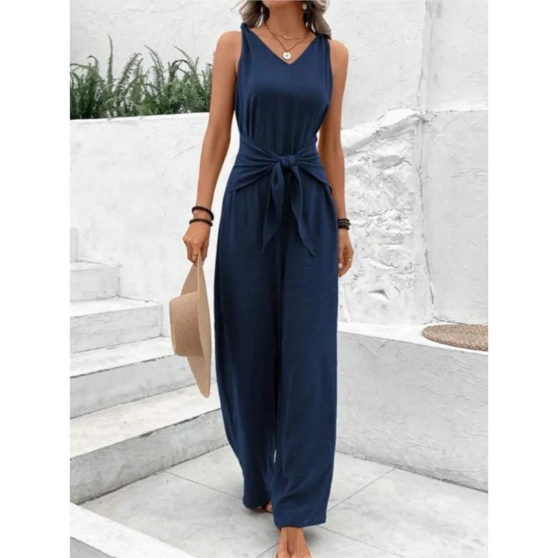 Fashion Solid Jumpsuit for Women Casual Sleeveless V Neck Lace-Up Wide Leg Pants Jumpsuits Lady Summer Holiday Womens Clothing