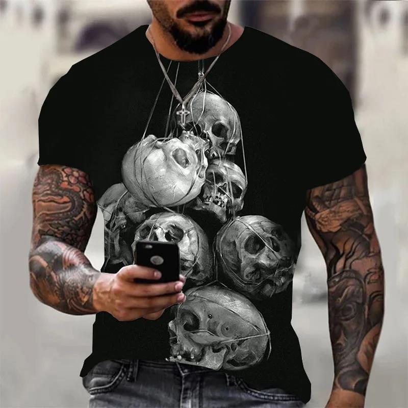 Vintage Erkek Tişörtü Kurukafa Sihirbaz 3D Baskı Grafik Tişört Yaz Modası Kısa Kollu Tişört Üstler Siyah Bol Sokak Giyimi