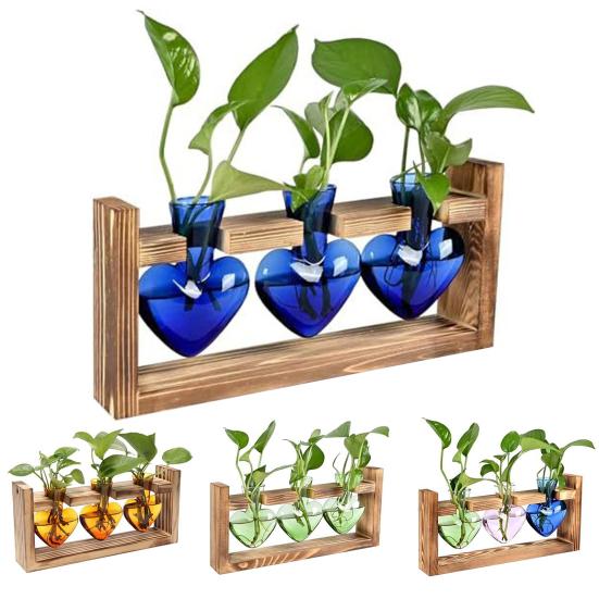 Plant Propagation Station Glass Vase with Wooden Frame Hydroponic Plant Terrarium Kit Love Bulb Vase for Indoor Plants Desktop Decor