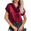 Women Turn Down Collar Satin Blouse Rolled Short Sleeve Button Down Loose Casual Elegant Office Tops