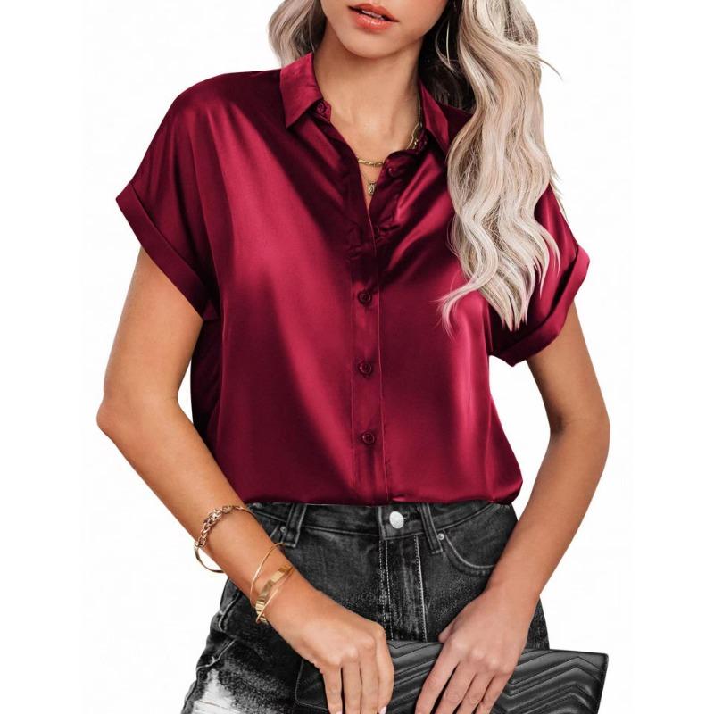 Women Turn Down Collar Satin Blouse Rolled Short Sleeve Button Down Loose Casual Elegant Office Tops