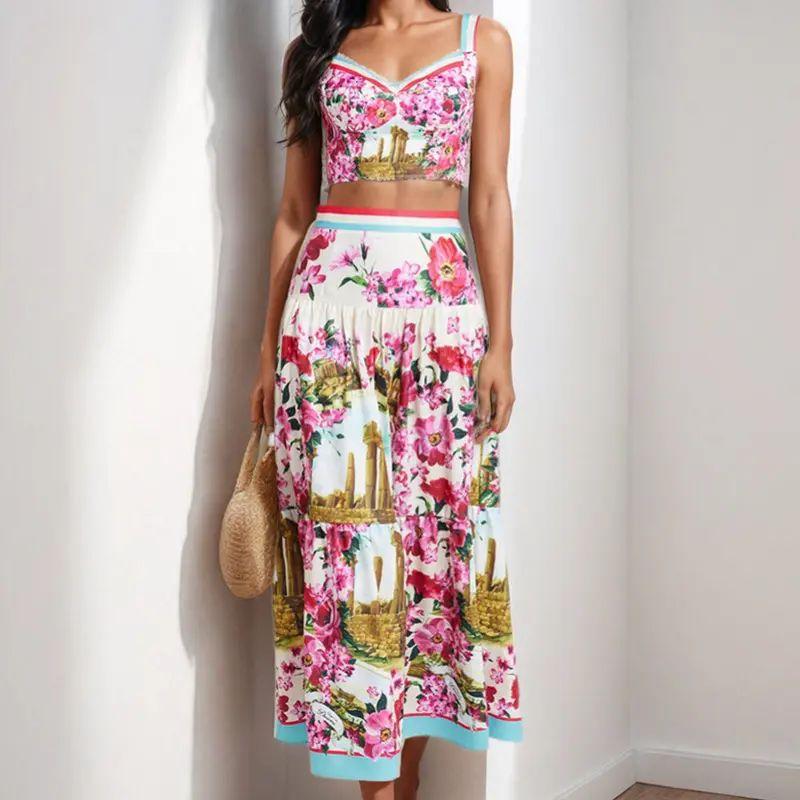 

European and American Women clothes Sexy Patchwork Bustier + High Waist Skirt Fashion Set Female Beach Vacation Two-piece Set Rose Red 3XL