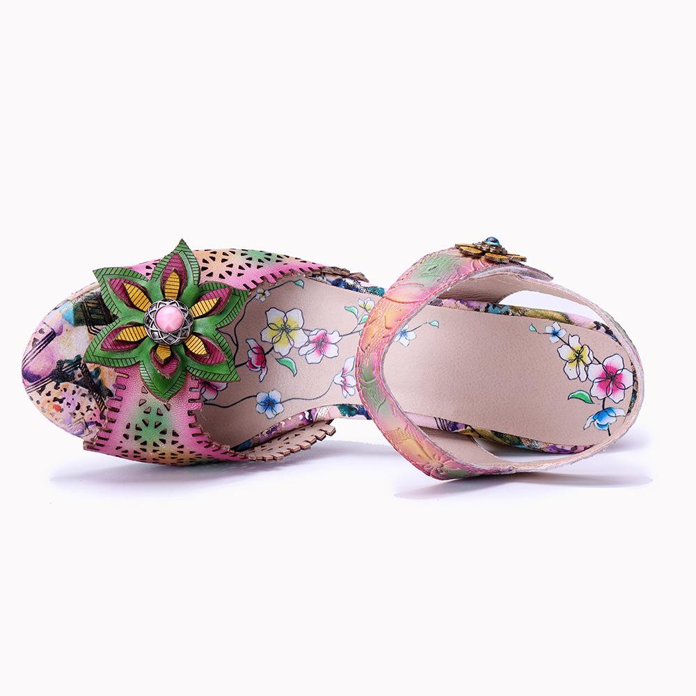 Johnature Genuine Leather Retro Baroque Style Hollow-out Carved Flower High-heeled Sandals