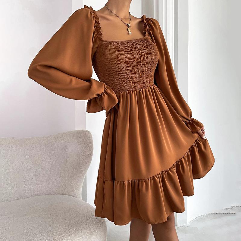 2025 French Minimalist Square-Neck Dress Long-Sleeve High-Waisted Bodycon Dress with Flounced Hem