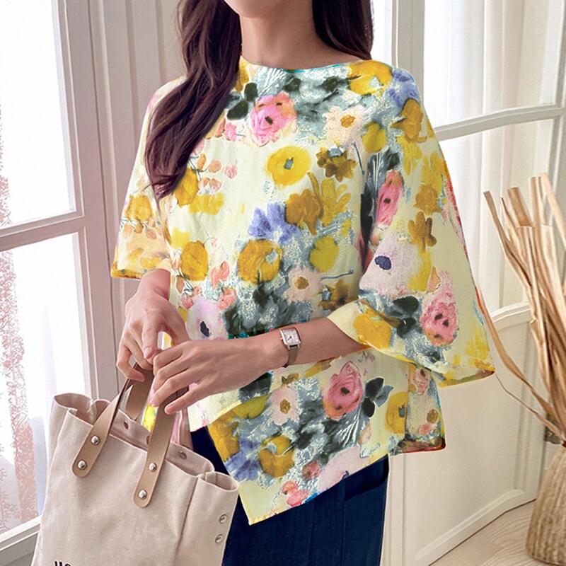 

ZANZEA Женская повседневная блузка с круглым вырезом, рукавами 3/4, свободного кроя, с цветочным принтом 5XL жёлтый