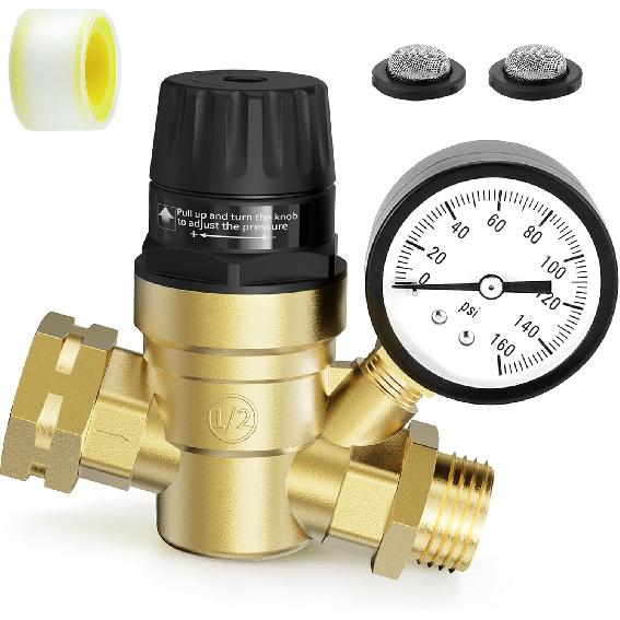 Regulator Ciśnienia Wody w Kamperze Mosiądz Bezołowiowy Regulowany Reduktor Ciśnienia Wody Ze Wskaźnikiem i Filtrem Siatkowym Zastosowanie w Systemie Wodociągowym Kampera, Przyczepy, Kampera