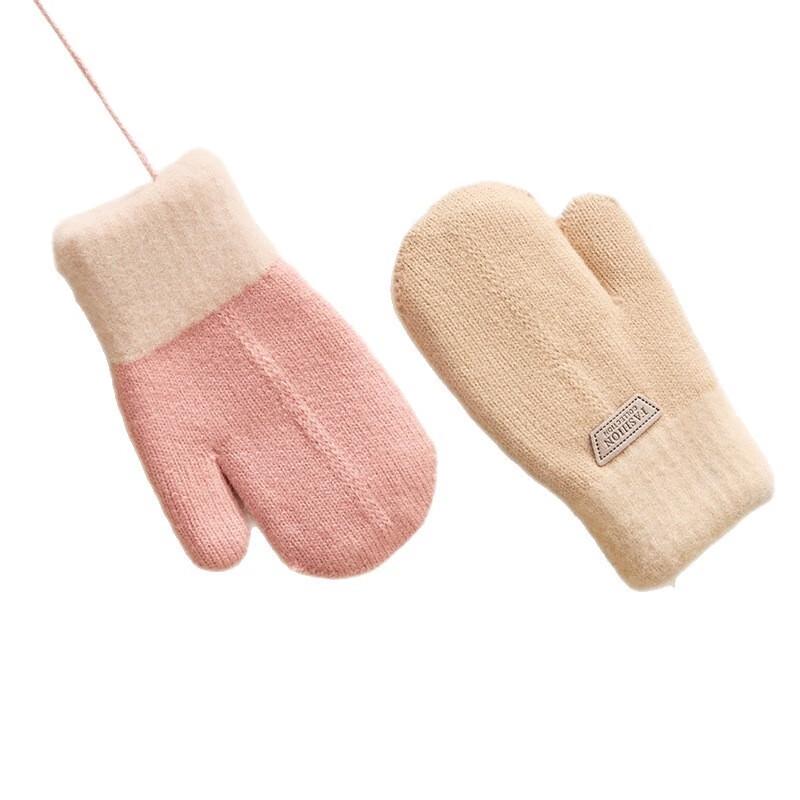 Children's Winter Warm Cashmere-Lined Knitted Mittens with Neck Strap