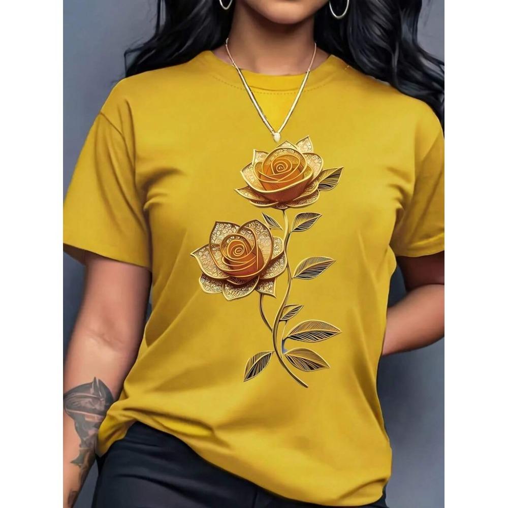 Damen lässiges T-Shirt mit Rosen-Schmetterlings-Print, Rundhalsausschnitt, kurzärmelig, Sommer