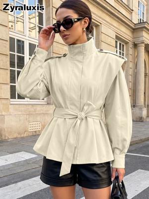 Women's Stand Collar Windbreaker Jacket with Waist Belt