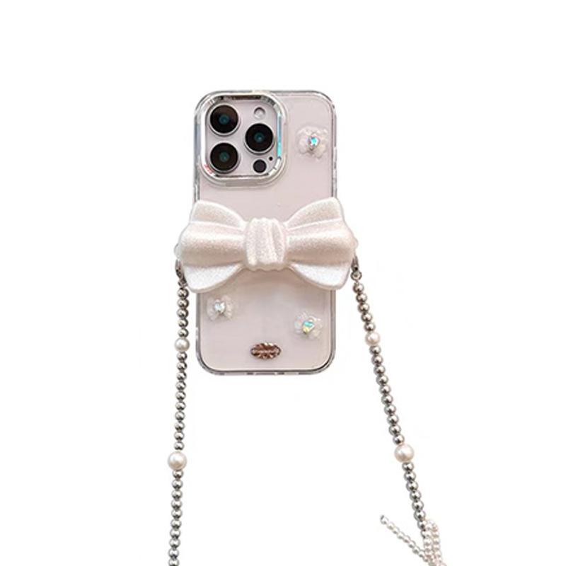 3D Glitter Bow Back Clip Phone Case for IPhone 16 Pro Crossbody Chain Strap for Apple 15 Diamond X
