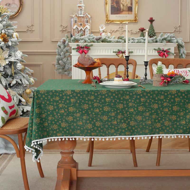 Christmas Green Gold Foil Bells Tablecloth Poly Cotton Blend for Holiday Dining Decor