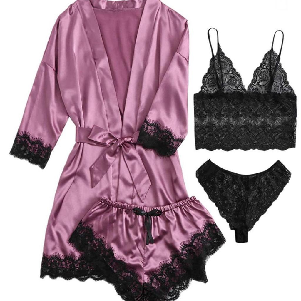 GMXIA Ladies' Pajama Four-piece Set, Lingerie, Large-sized Home Wear, Lace Pajama Sets