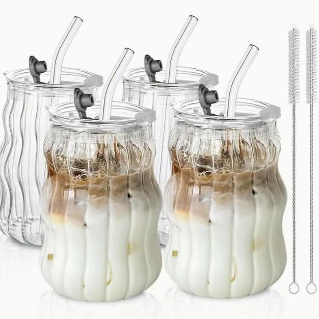 2/4 szt. Szklanki z prążkowanego szkła ze słomką i pokrywką, Szkło o falistym kształcie 18oz Szklanki do picia 18oz na kawę mrożoną latte