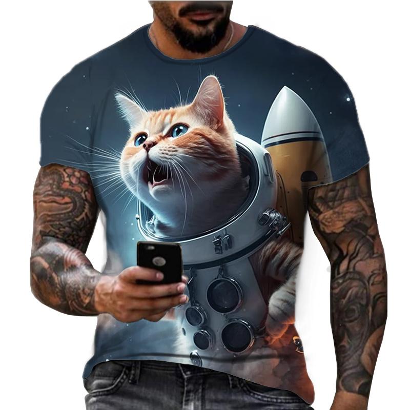 Sommer Rundhals Cooles Astronauten Katze Muster 3D Druck Top Modische Lässige Kurzarm Herren T-Shirts