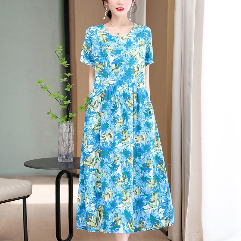 Elegant Long Dresses Women Summer Casual Short Sleeve Vintage Dress Korean Style O-Neck Female Clothing