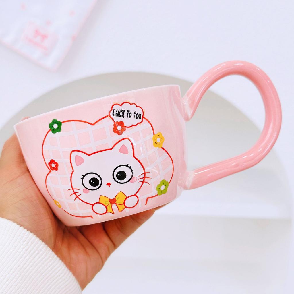 Kitten with Spoon Cute Cartoon High Value Large Capacity Souvenir Mug Girl Couple Ceramic Cup Set