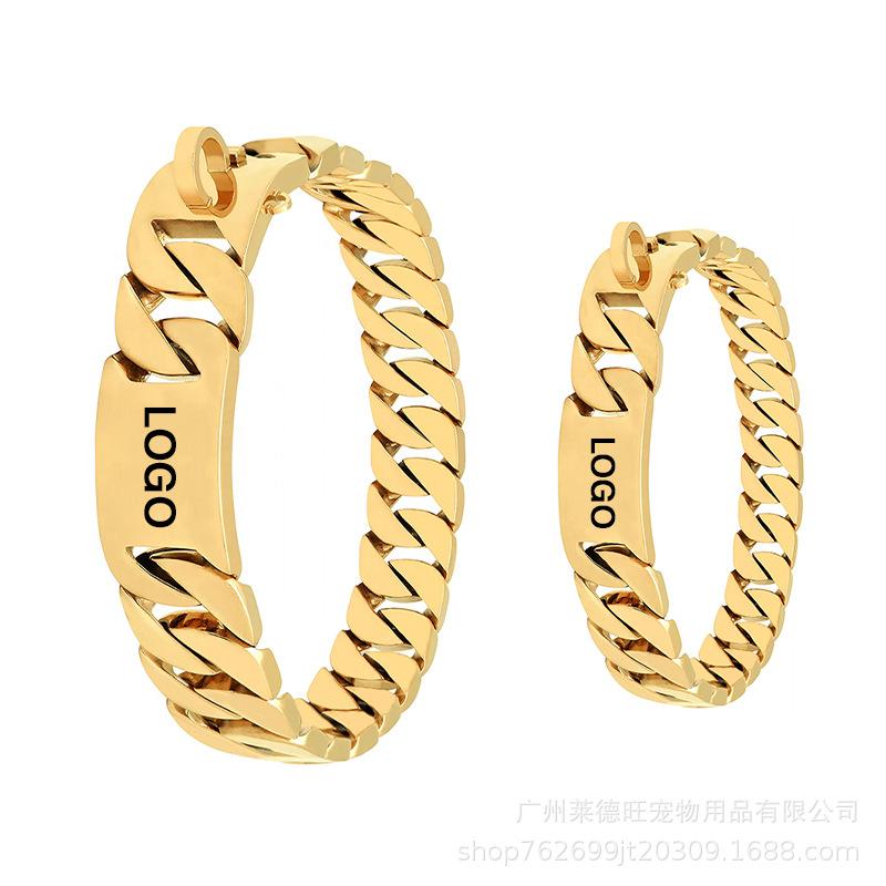Engraved Titanium Steel Dog Collar & Leash Set with Gold Curved Plate - 32mm Stainless Steel for Large Dogs