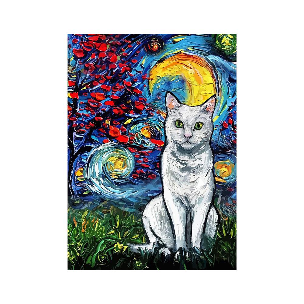 Poster Astratto Gatto Notte Stellata Van Gogh Stampa su Tela Pittura Animale Carino Arte da Parete Per Soggiorno Decorazione Casa Quadri