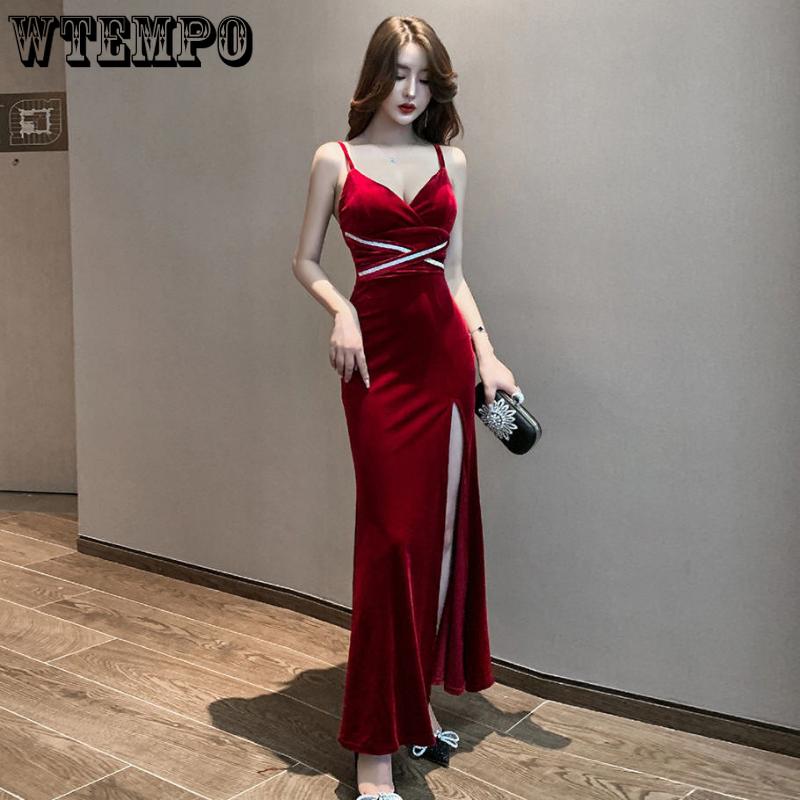 WTEMPO Dámské večerní šaty Sexy V-výstřih Svatba Recepce Šaty na boky Ramínka Duté Společenské šaty