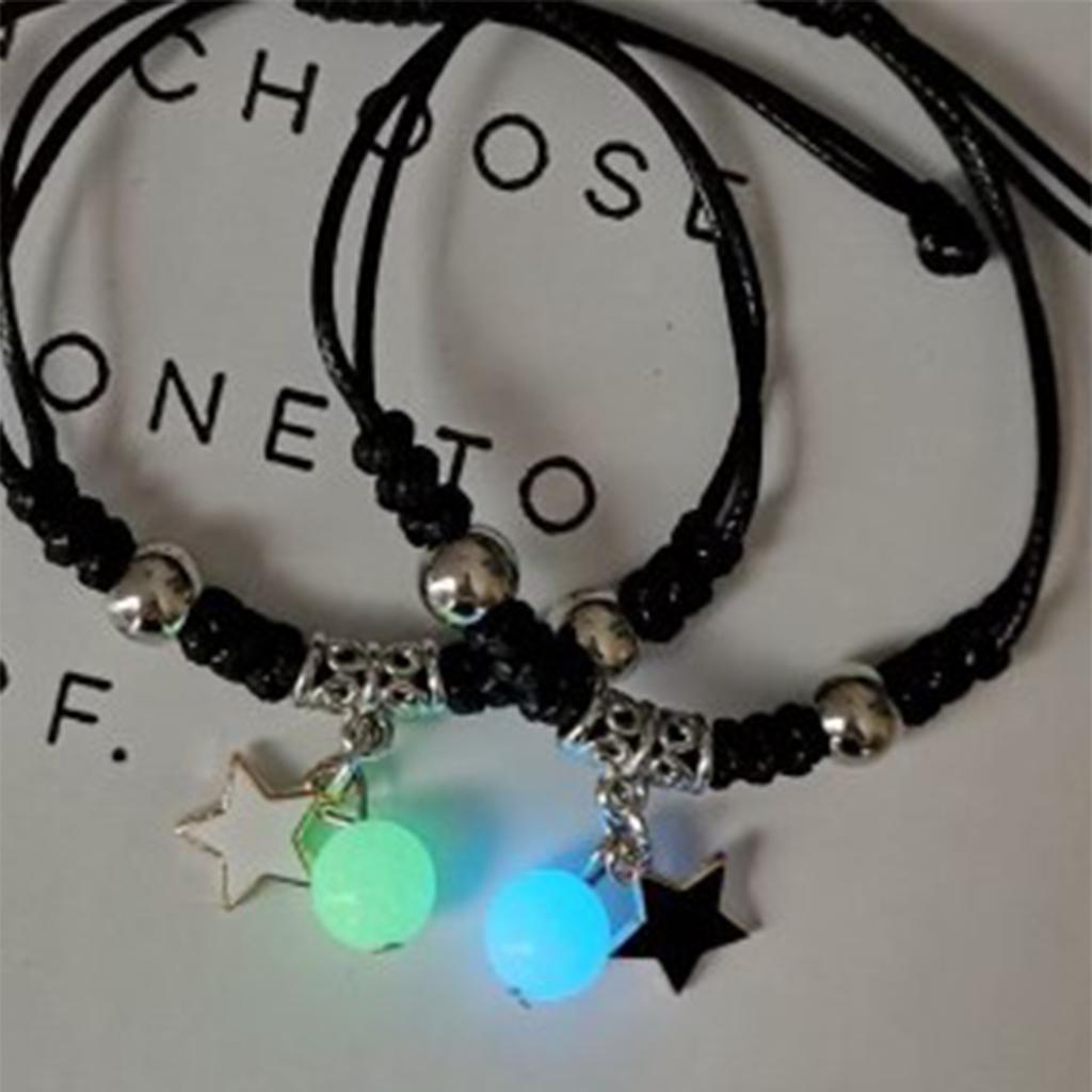 Lovers Bracelet Dark Glowing Adjustable Star Pendant Woven Couple Bracelet for Daily Dating Party Black