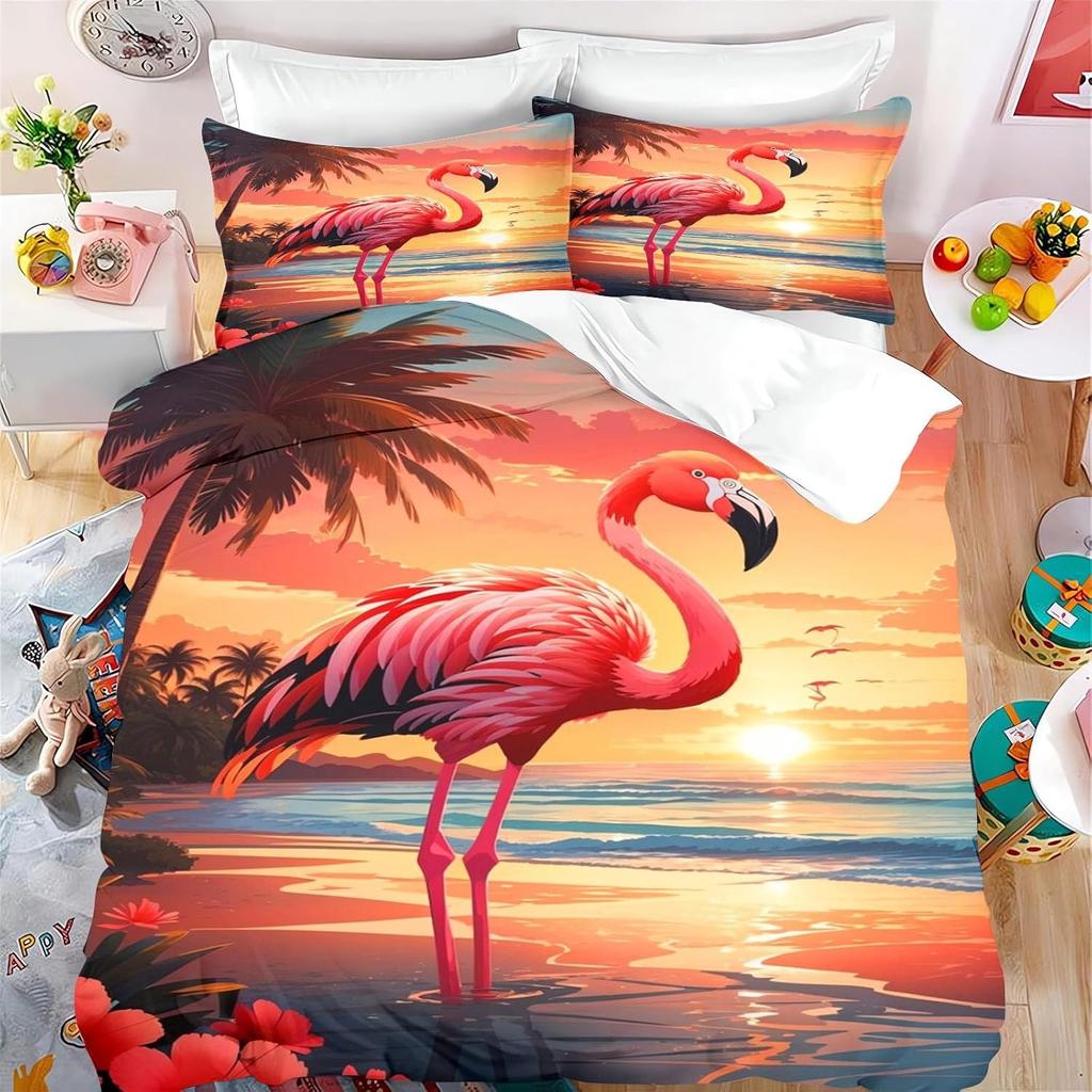 Pink Flamingo Duvet Cover Cute Animal Flowers Flamingo Decor Duvet Cover Set Girls, Tropical Pink Flamingo Quilt Coverr Set