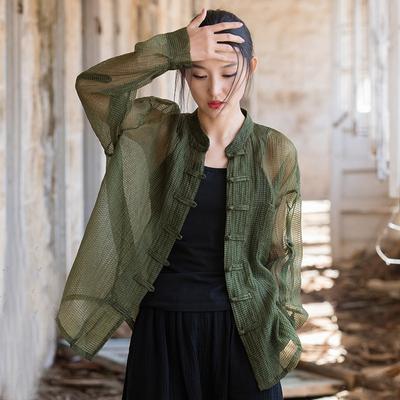 Women Summer Shirts Stand Long Sleeve Solid Color Long Sleeve Vintage Blouses Button Loose Women Shirts