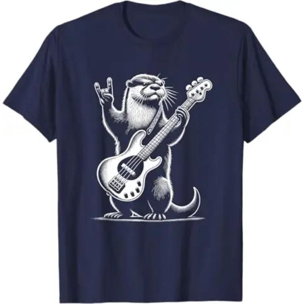 HOT SALE Rock Otter Plays Guitar T-shirt Squirrel Plays Guitar Street Wear Rock Cat Music Graphics Say Tee Novelty Soft T-shirt