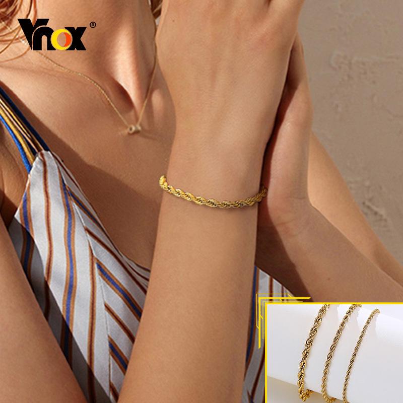 Vnox 2/3/4/5mm Twisted Chain Bracelets for Women Men, Gold Color Stainless Steel Link Chain, Adjustable Minimalist Metal Jewelry